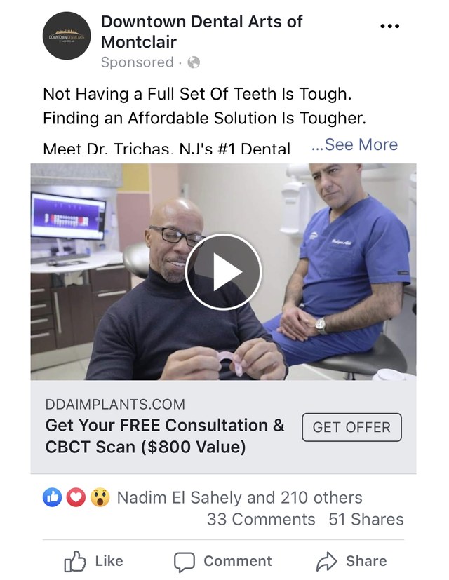 Facebook ad for Downtown Dental Arts of Montclair that generated 200+ shares